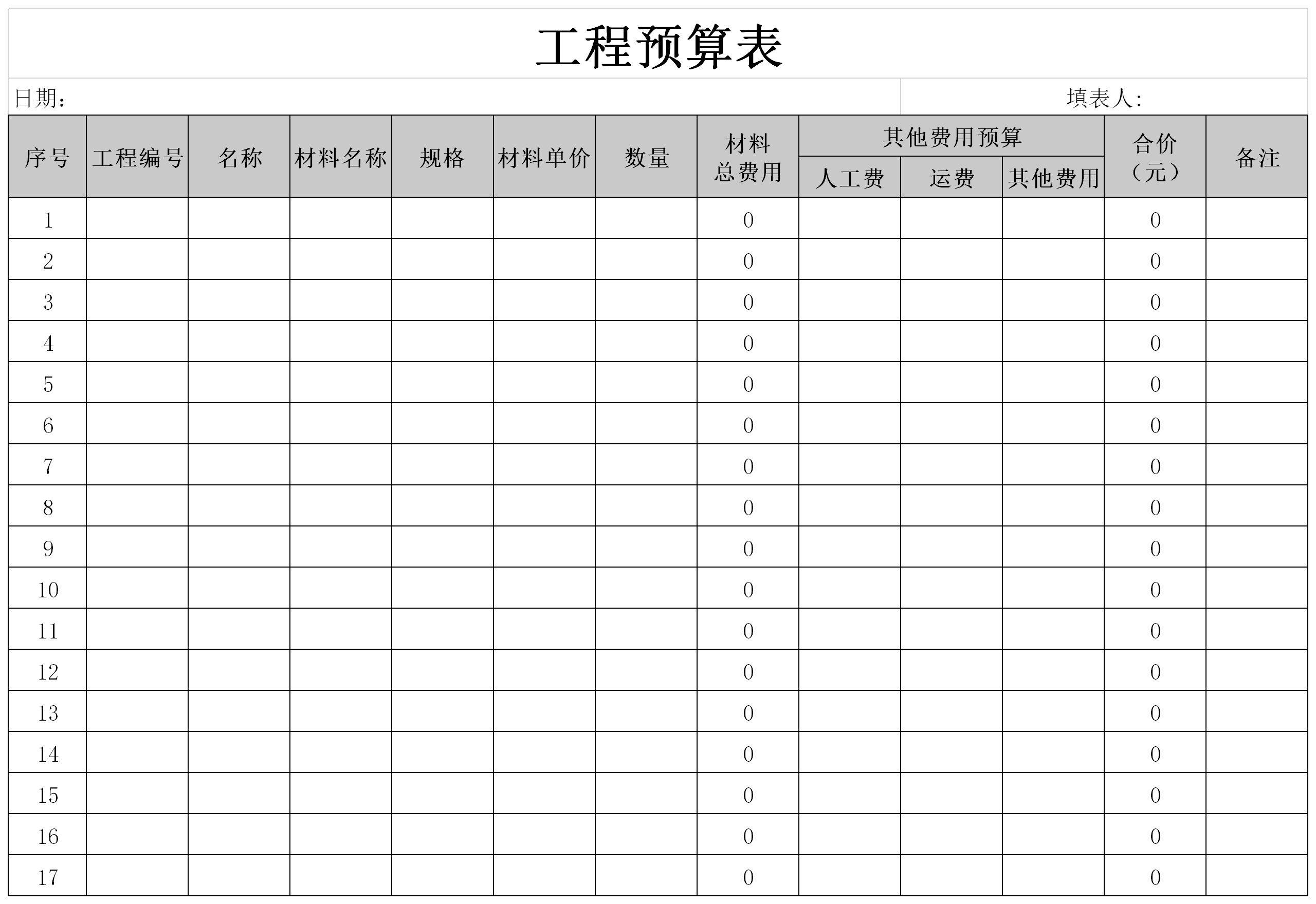 工程预算表v12